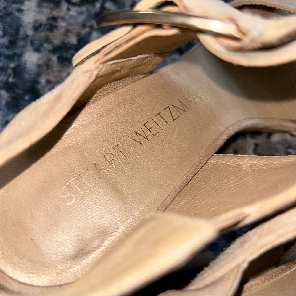 Stuart Weitzman Suede Block Heel Sandals Soho Tan - image 3